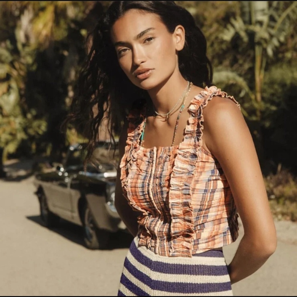 🧡Anthropologie Verb Orange & Blue Plaid Ruffle Sleeveless Crop Top 💙 - Picture 2 of 7